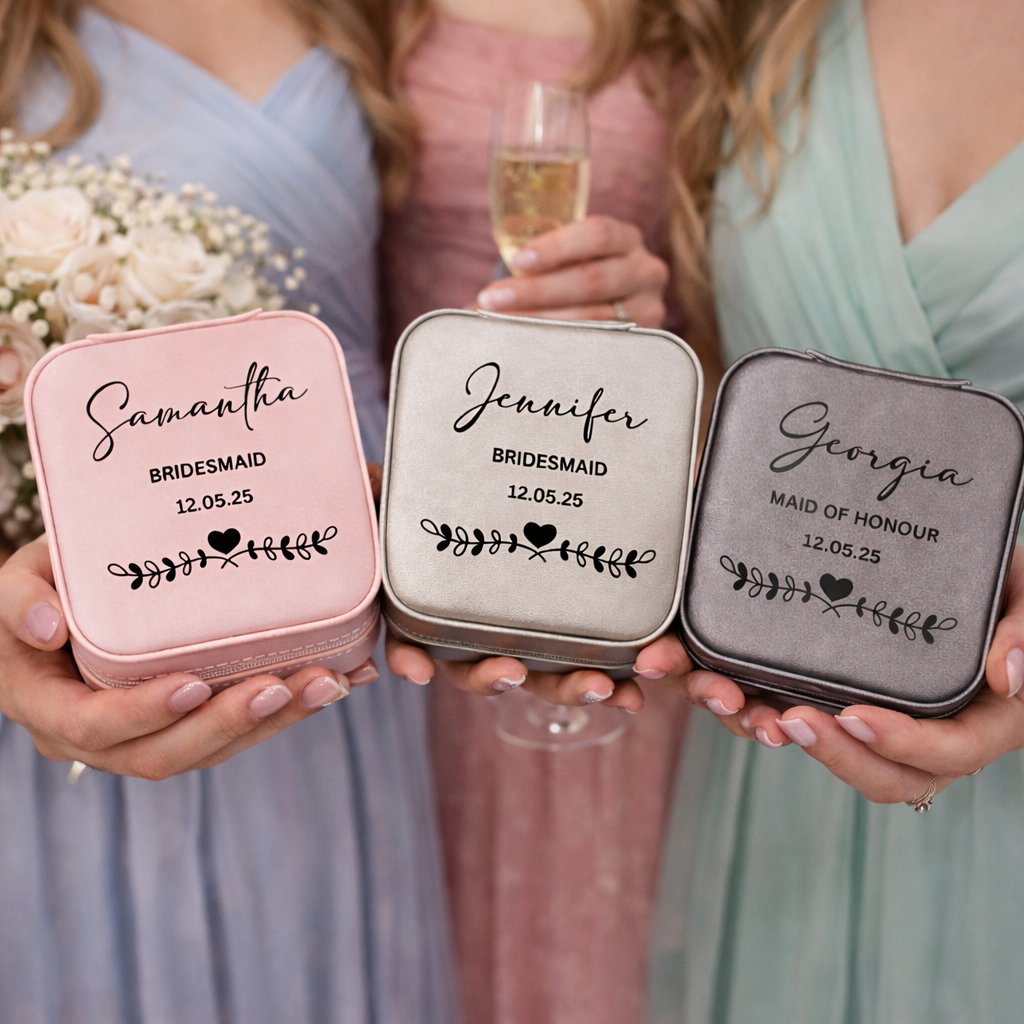 Three personalized jewelry boxes held by people, with names and dates printed on them.