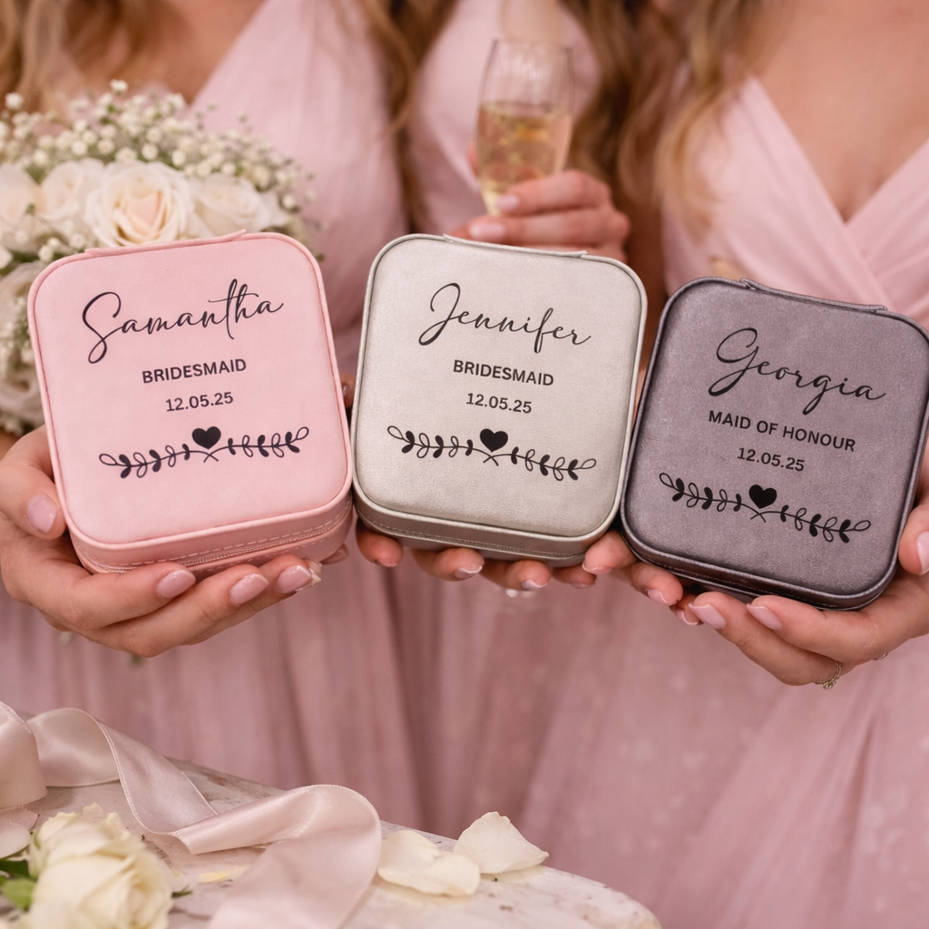 Three jewelry boxes personalized with names and dates, held by people in pink dresses.