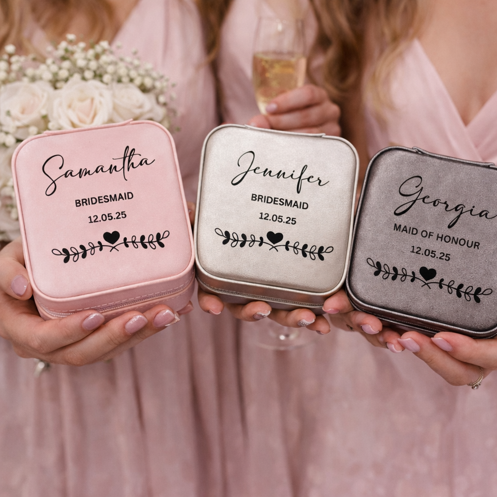 Three personalized jewelry cases held by people, with names and dates printed on them.