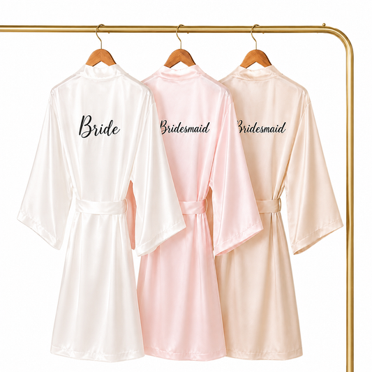 Three satin robes labeled 'Bride', 'Bridesmaid', and 'Bridesmaid' hanging on a rack.