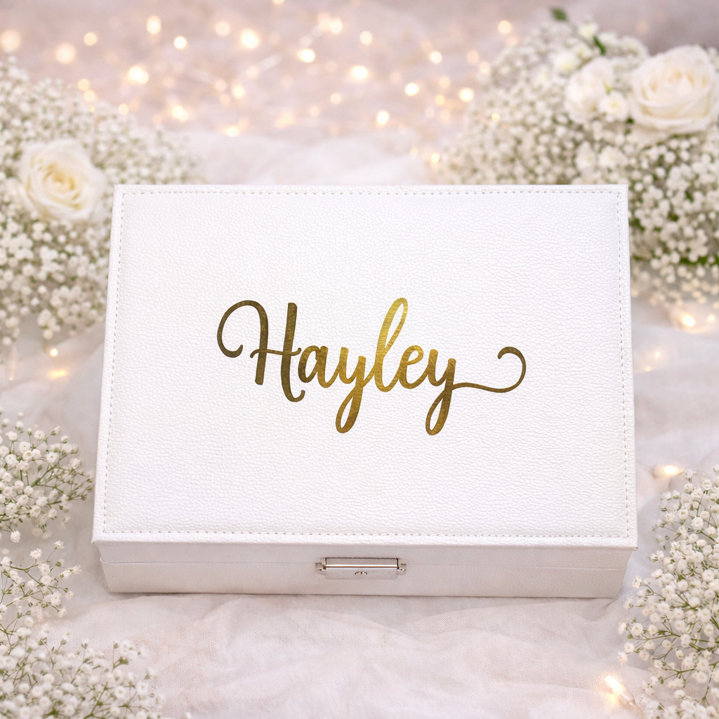 White jewelry box with 'Hayley' in gold on a floral background