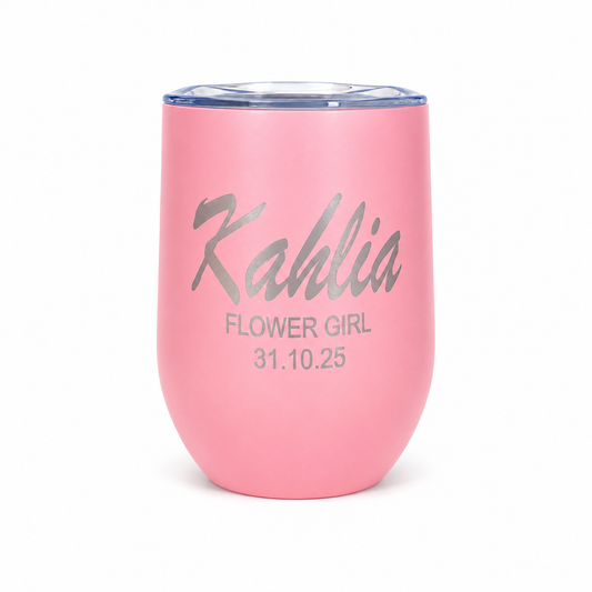 Pink tumbler with 'Kahlia Flower Girl 31.10.25' text on a white background
