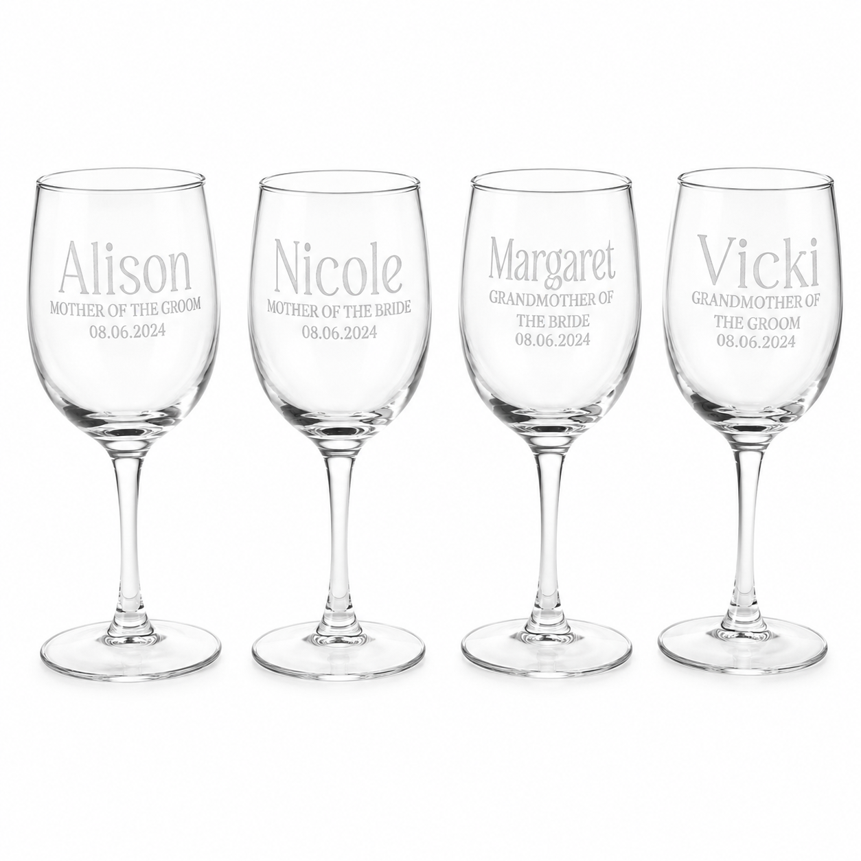 Four wine glasses with engraved names and dates on a white background