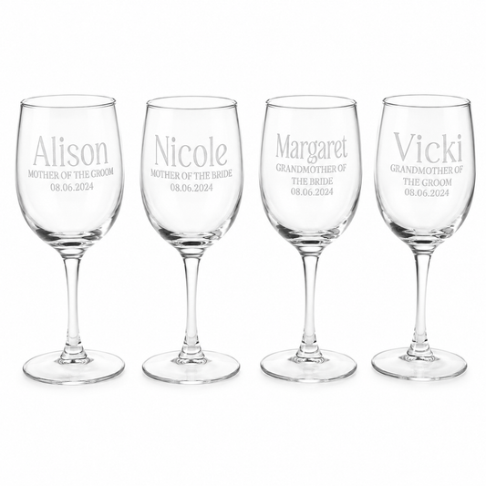 Four wine glasses with engraved names and dates on a white background