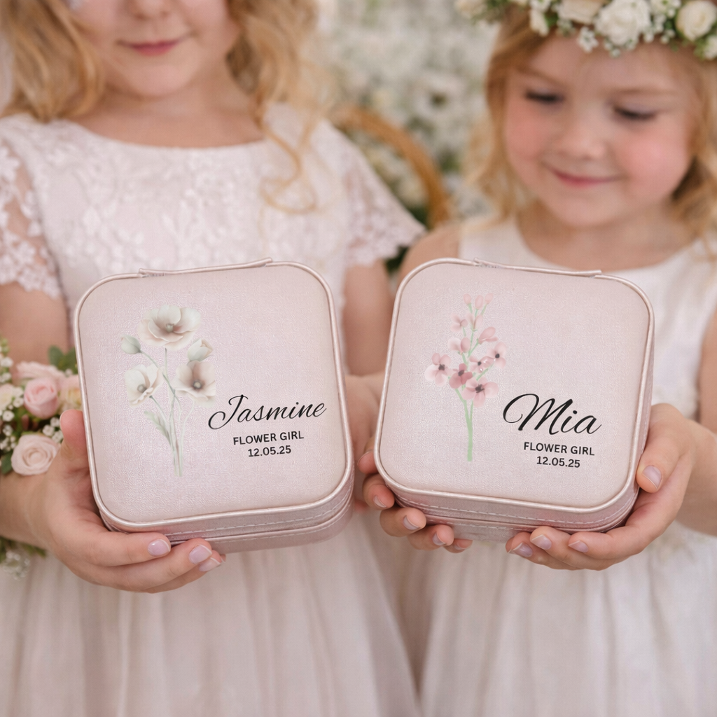 Two young girls holding personalized jewelry boxes with floral designs and names.