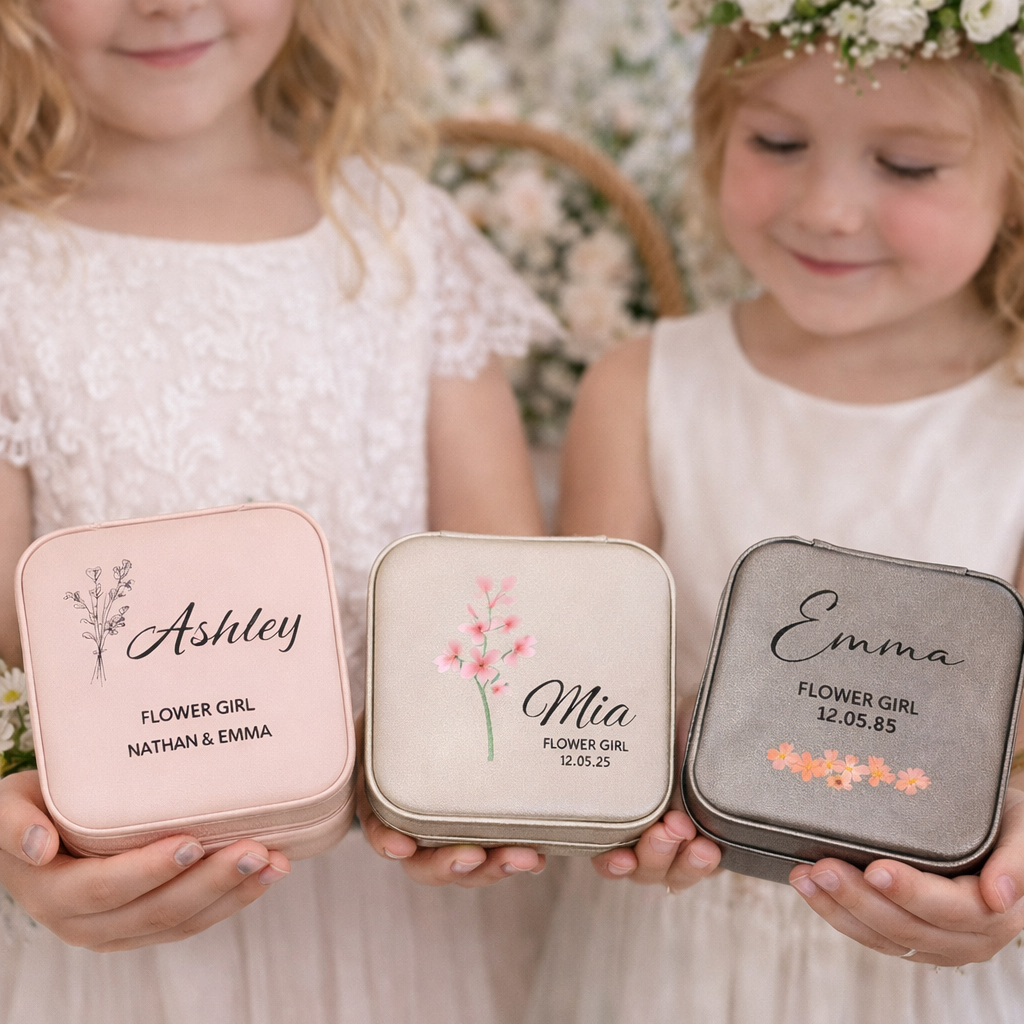 Three young girls holding personalized flower girl boxes with names and dates.