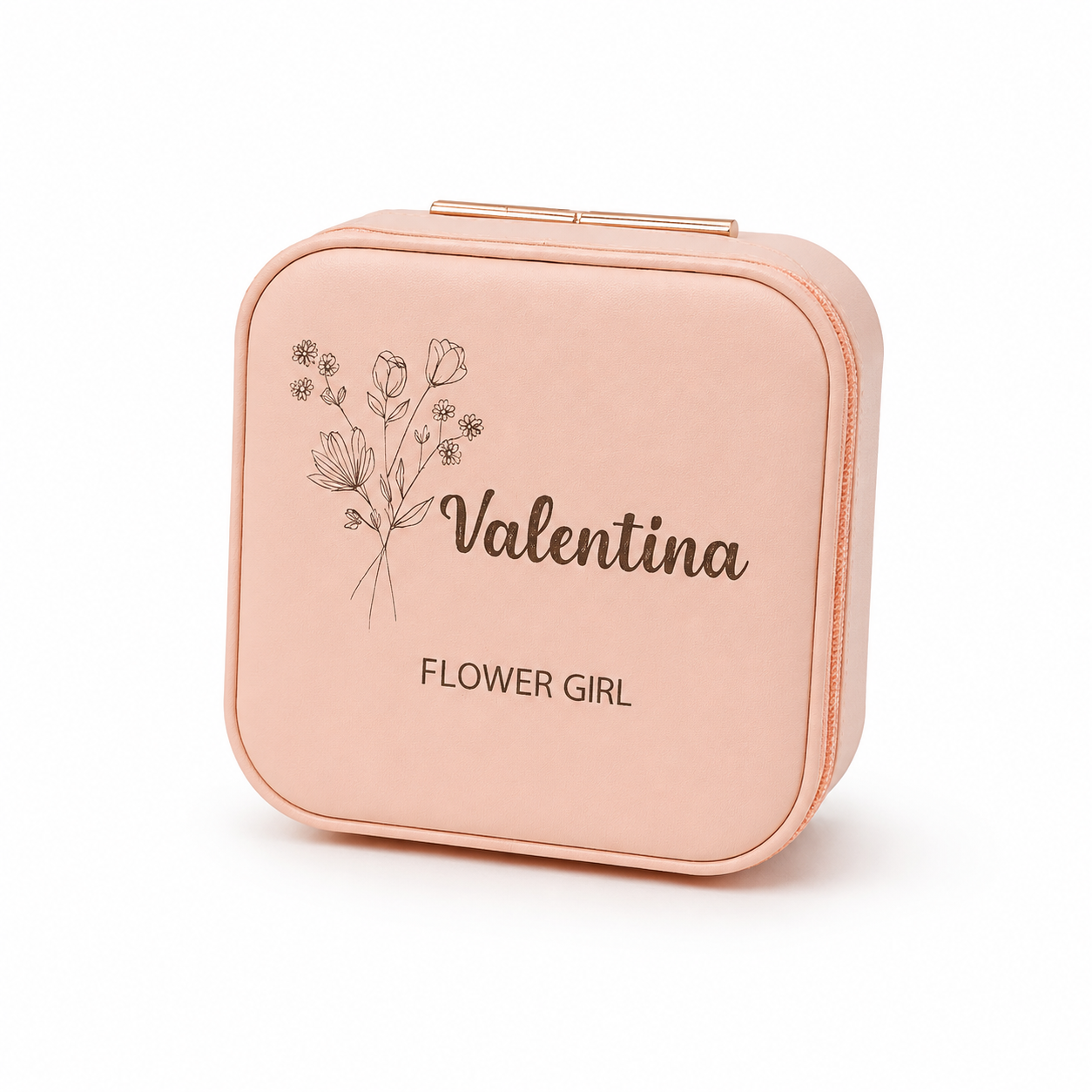Rose gold jewelry box with 'Valentina Flower Girl' branding on a white background