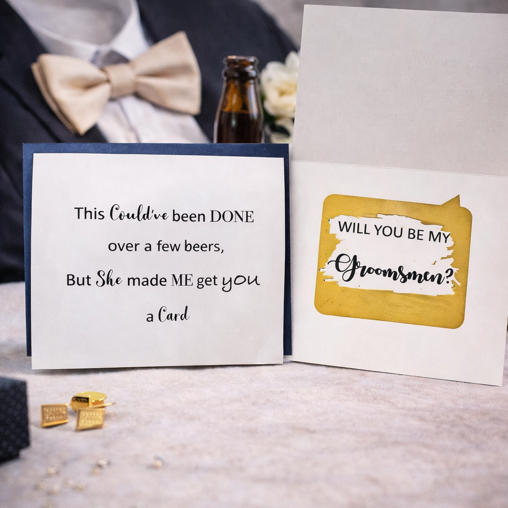 Two cards on a table with a bottle of beer and bow tie in the background.