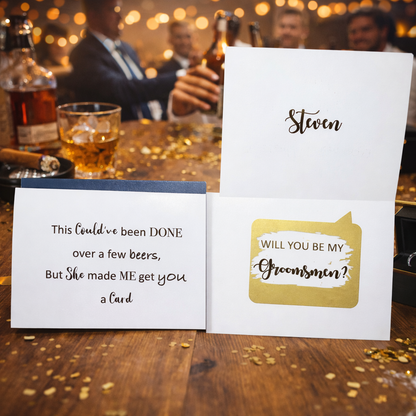 Groomsman proposal card on a table with drinks and people in the background