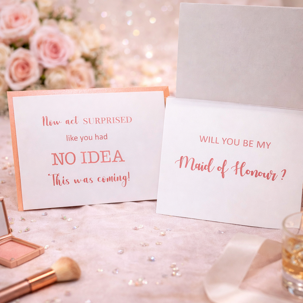 Two cards with humorous and formal text on a decorative background with flowers and makeup.