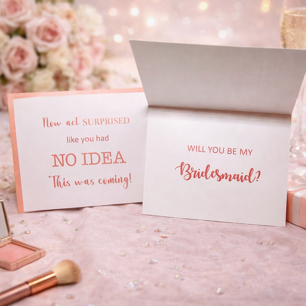 Two cards with 'Will you be my Bridesmaid?' question on a decorative background with flowers and makeup.