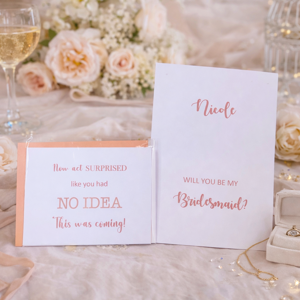 Open card with 'Will you be my bridesmaid?' question on a decorative background with flowers and a glass of wine.