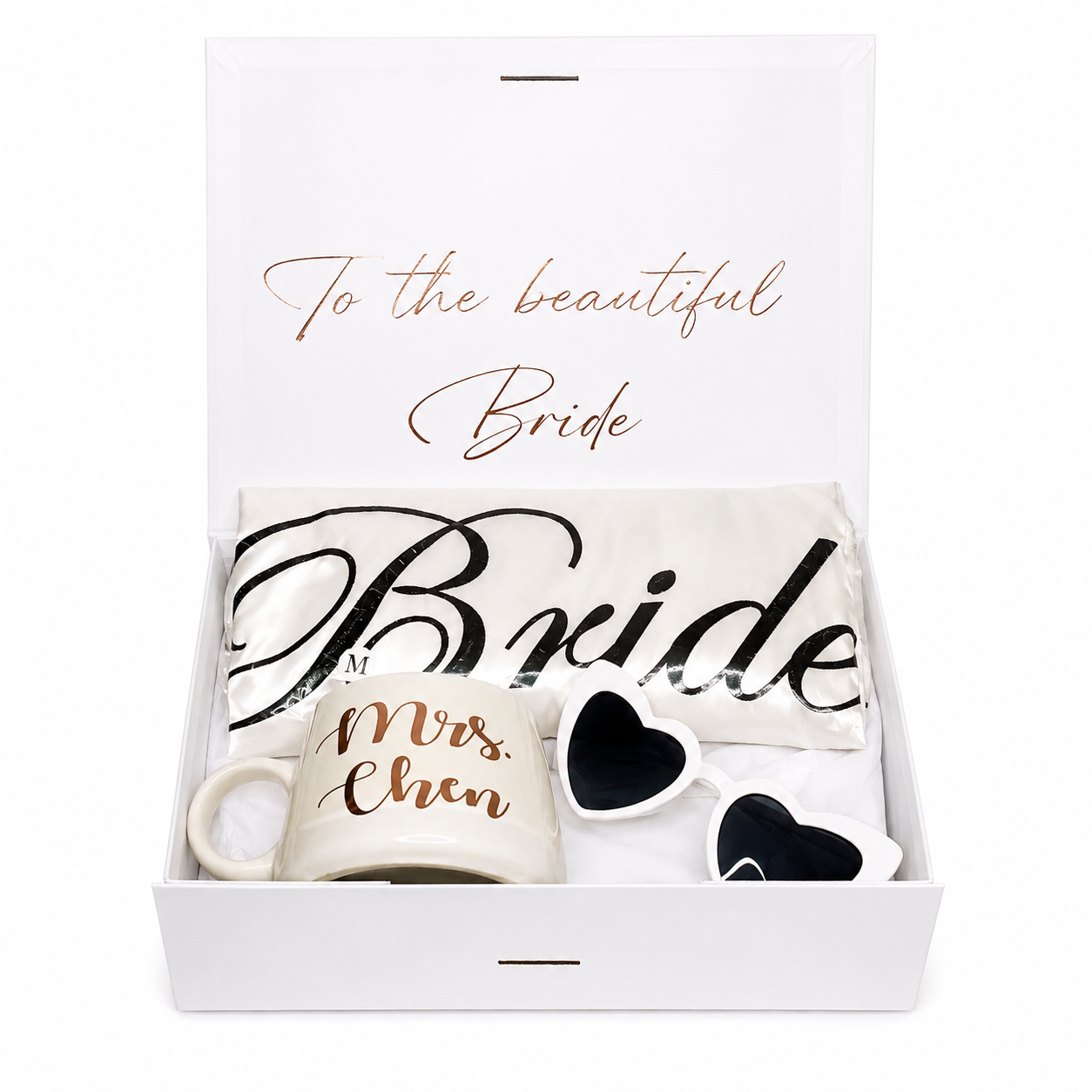 Gift set for a bride with mug, sunglasses, and card in a box.