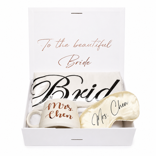 Personalized mug and spoon set with 'Mrs. Chen' text, gift box on white background