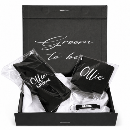 Groom to be gift set with black bow tie, white shirt, and black vest in a box.