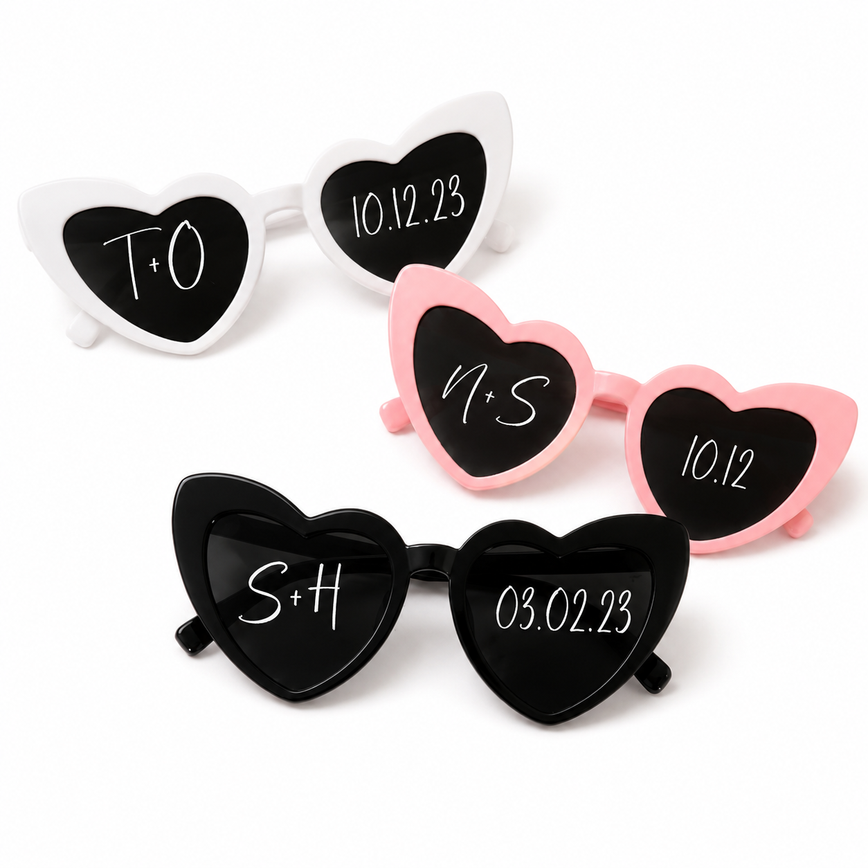 Heart-shaped sunglasses with personalized text on a white background