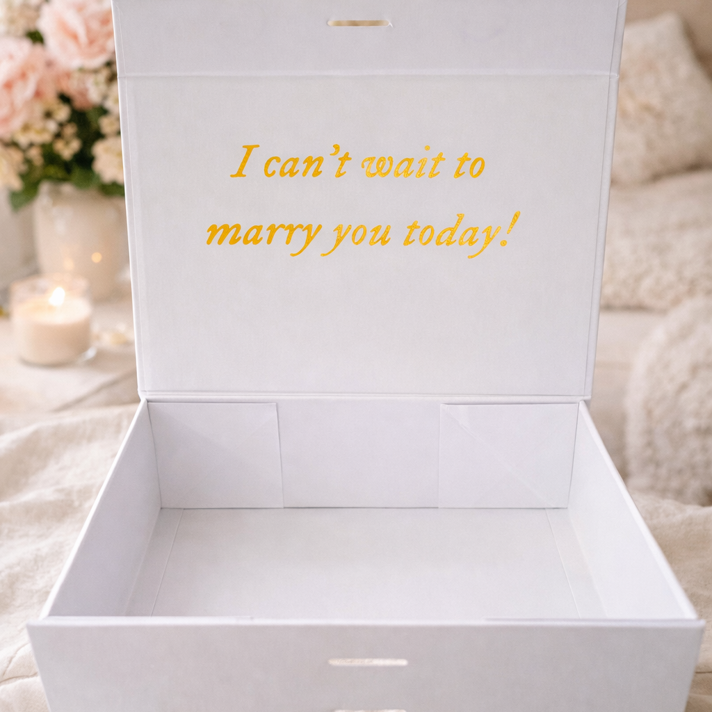White box with 'I can't wait to marry you today!' text on a romantic setting with flowers and candles.