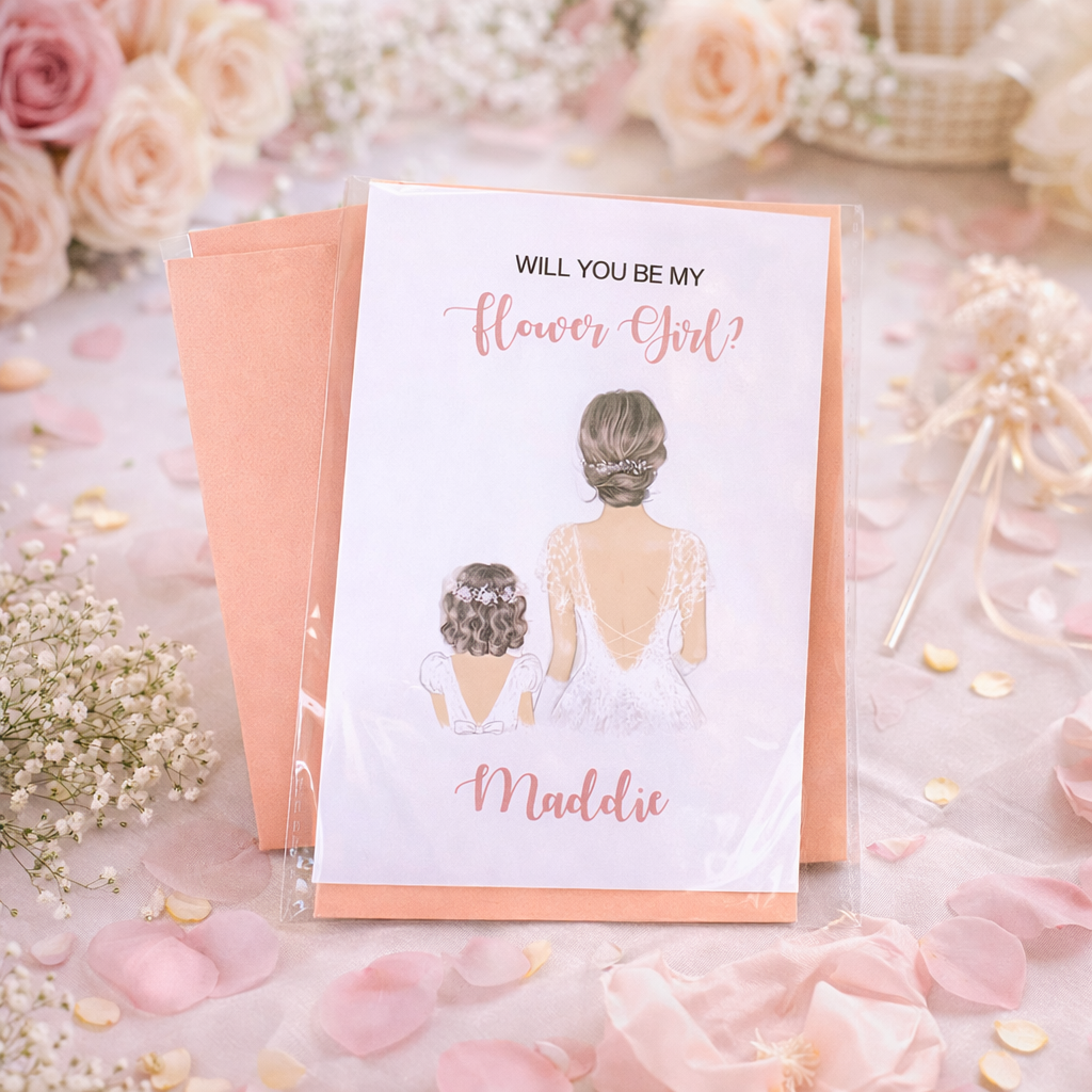 Greeting card with illustration of bride and flower girl, surrounded by flowers and petals.