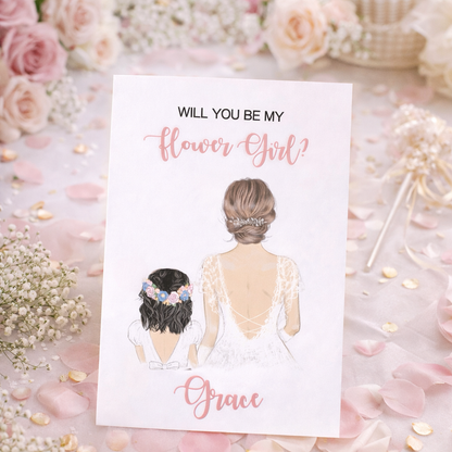 Card asking if you will be the flower girl with illustrations of a bride and a flower girl on a floral background.