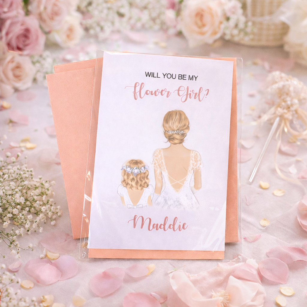 Card with illustration of a woman and child, asking 'Will you be my flower girl?' on a floral background.