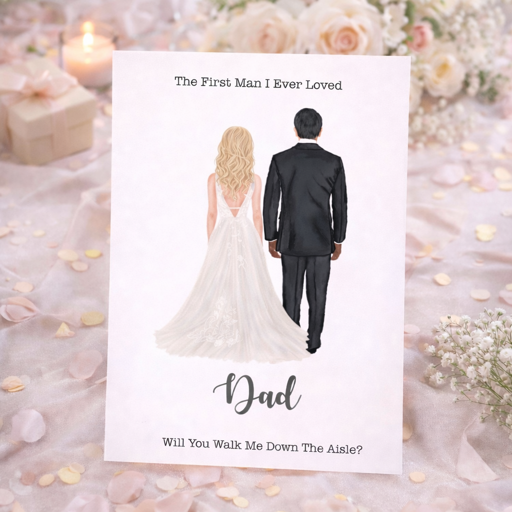 Card with illustration of a bride and groom and text 'The First Man I Ever Loved Dad Will You Walk Me Down The Aisle?' on a decorative background.