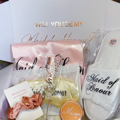 Bridesmaid/Maid of Honour Proposal Gift Box (Gift box,Eyemask,Wedding Robe,Slipper,Mirror,Champagne Flutes,Scrunchies)