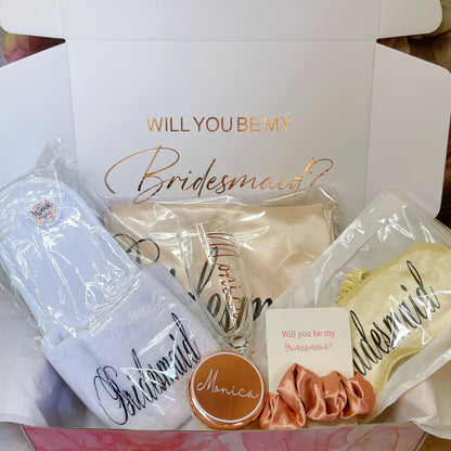Bridesmaid/Maid of Honour Proposal Gift Box (Gift box,Eyemask,Wedding Robe,Slipper,Mirror,Champagne Flutes,Scrunchies)