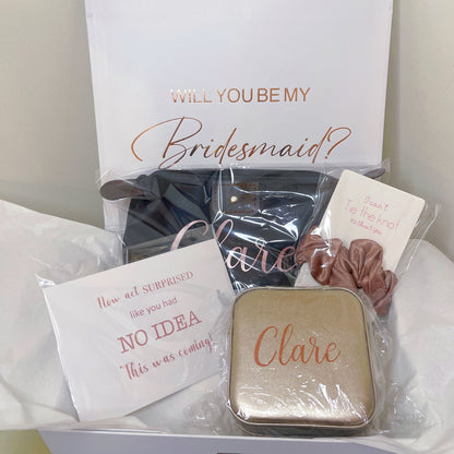 Personalised Bridesmaid/Maid of Honour Proposal Gift Box -(Gift Box, Travel Jewellery Box,Makeup Bag,Scrunchies,Proposal Cards)