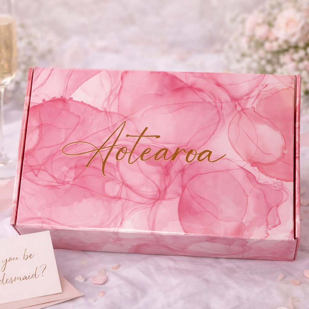 Pink floral box with 'Aotearoa' text, champagne flute, ring, and card on a decorative background