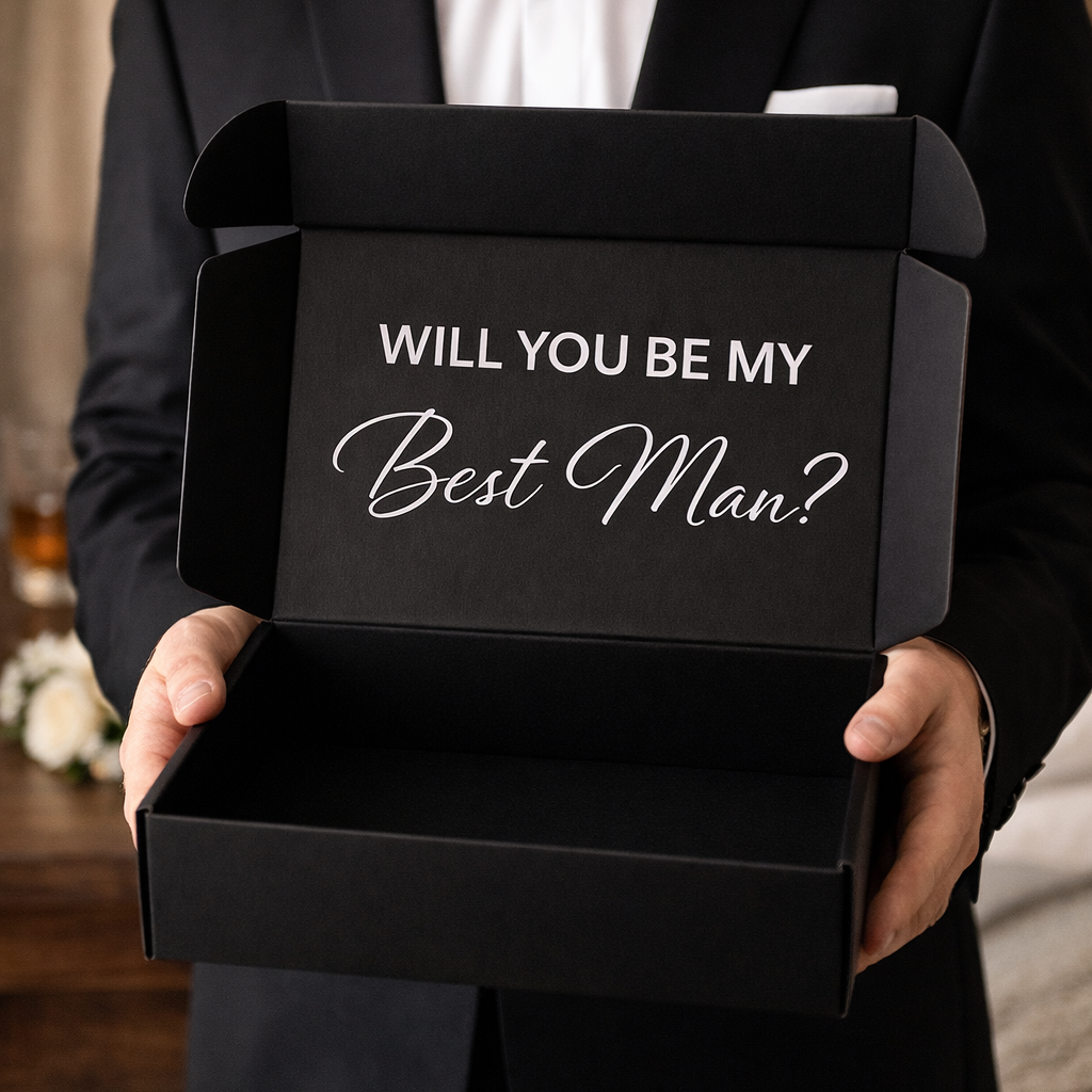 Man in tuxedo holding a black box with 'Will You Be My Best Man?' text.