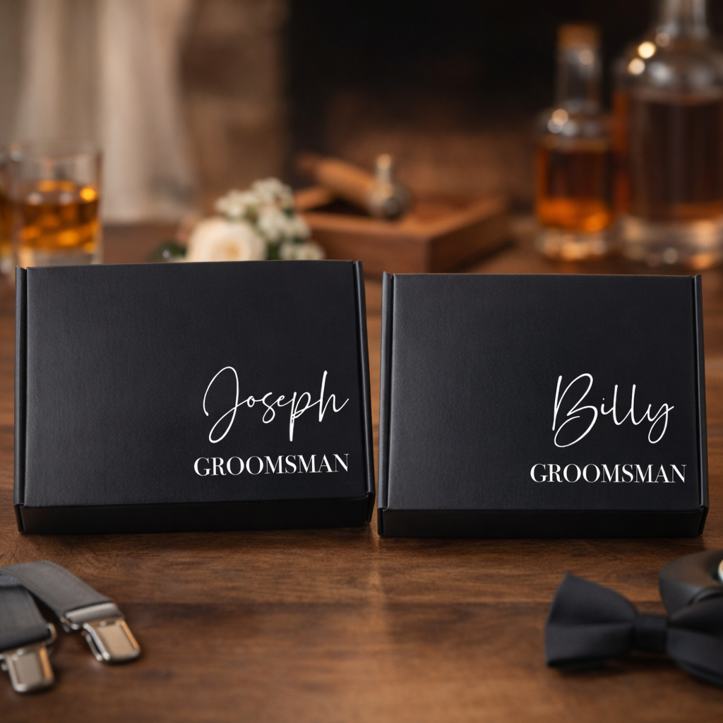 Two black groomsmen gift boxes labeled 'Joseph' and 'Billy' with a blurred background of a bar setting.