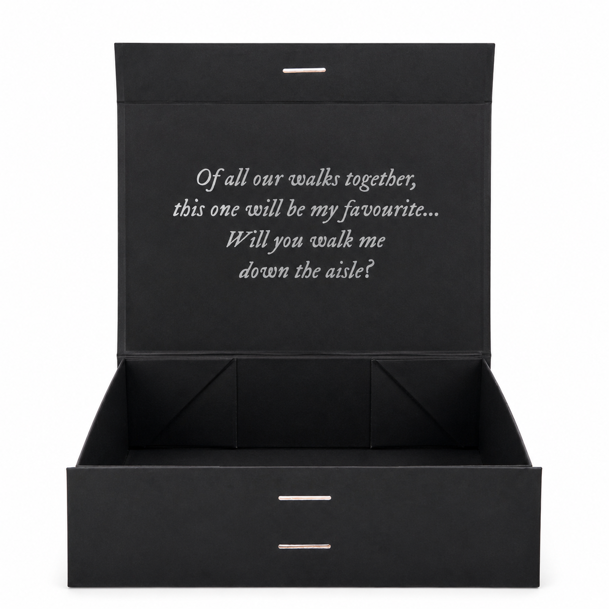 Black box with embroidered question inside on a white background