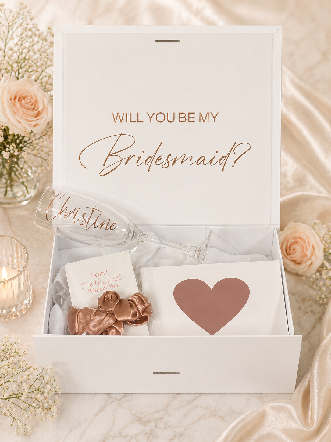 Personalised Bridesmaid & Maid of Honour Gift Box(Gift box,Champagne flute or tumbler glass, Card and scrunchies)