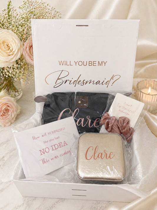 Personalised Bridesmaid/Maid of Honour Proposal Gift Box -(Gift Box, Travel Jewellery Box,Makeup Bag,Scrunchies,Proposal Cards)