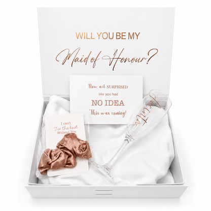 Gift set with 'Will You Be My Maid of Honour?' card and decorative items in a box.
