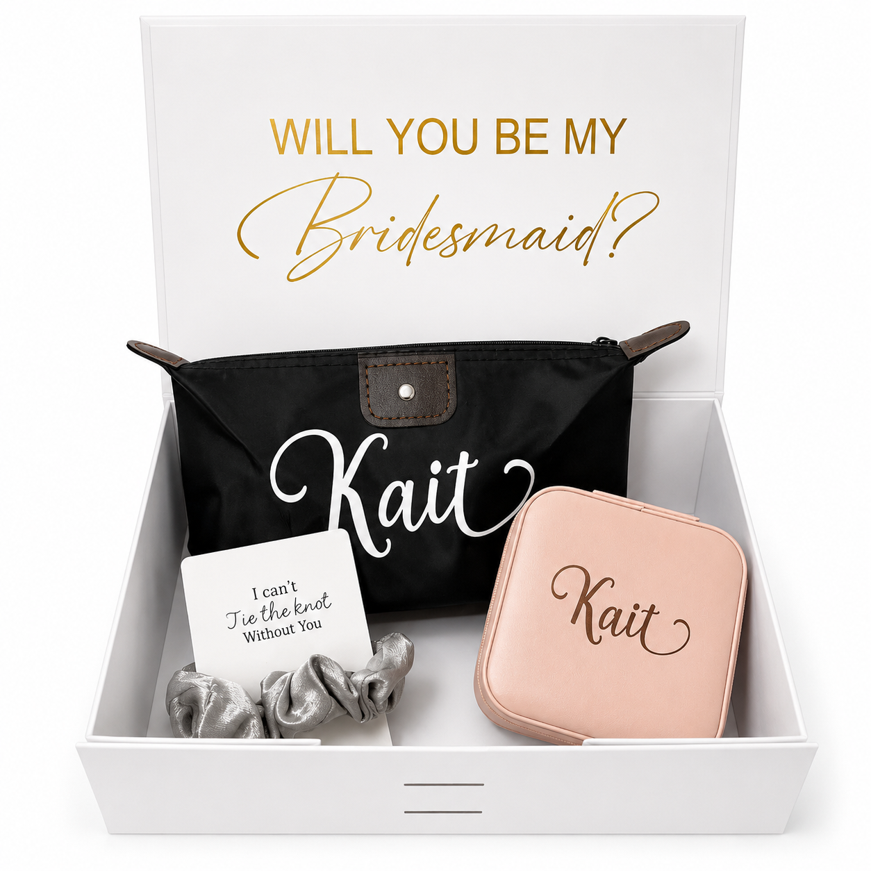 Gift set with black pouch, pink case, and card in a box with 'Will you be my bridesmaid?' question.
