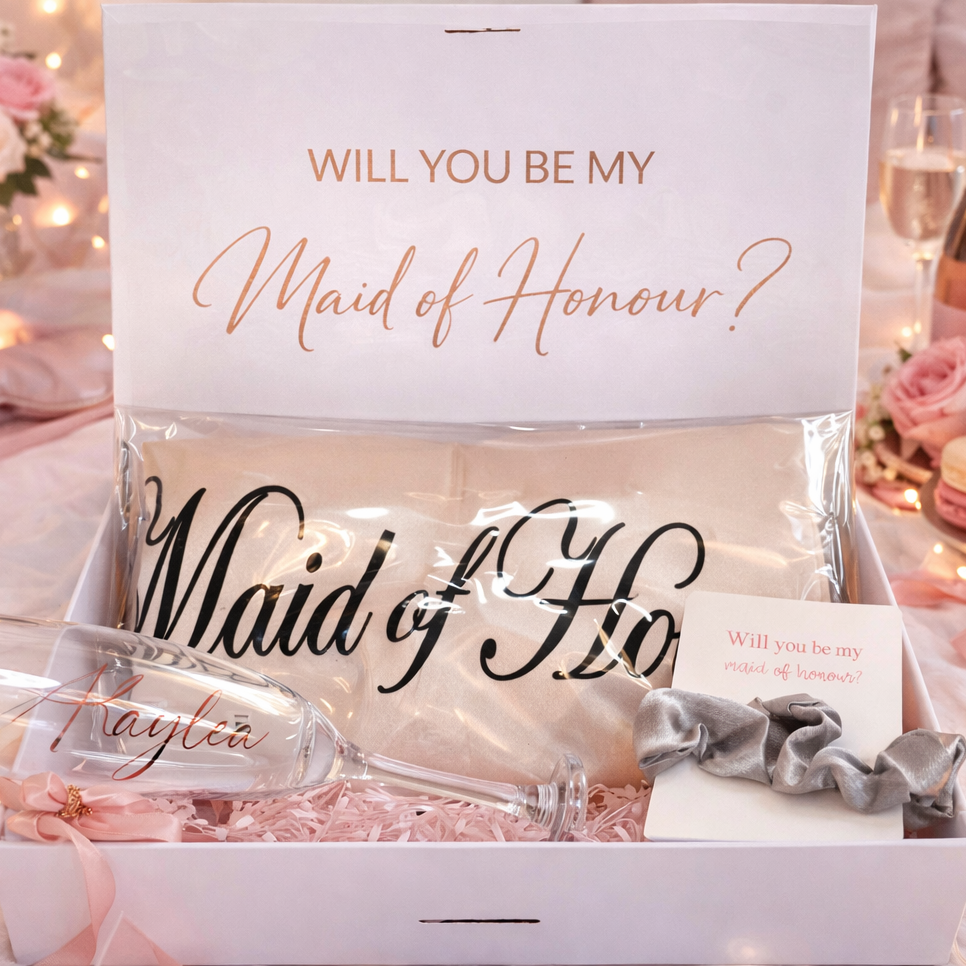 Gift box with 'Will you be my Maid of Honour?' card, bottle, and macarons on a decorated table.