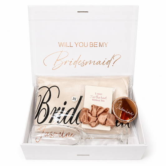 Gift set with 'Will you be my bridesmaid?' question and personalized items in a box.