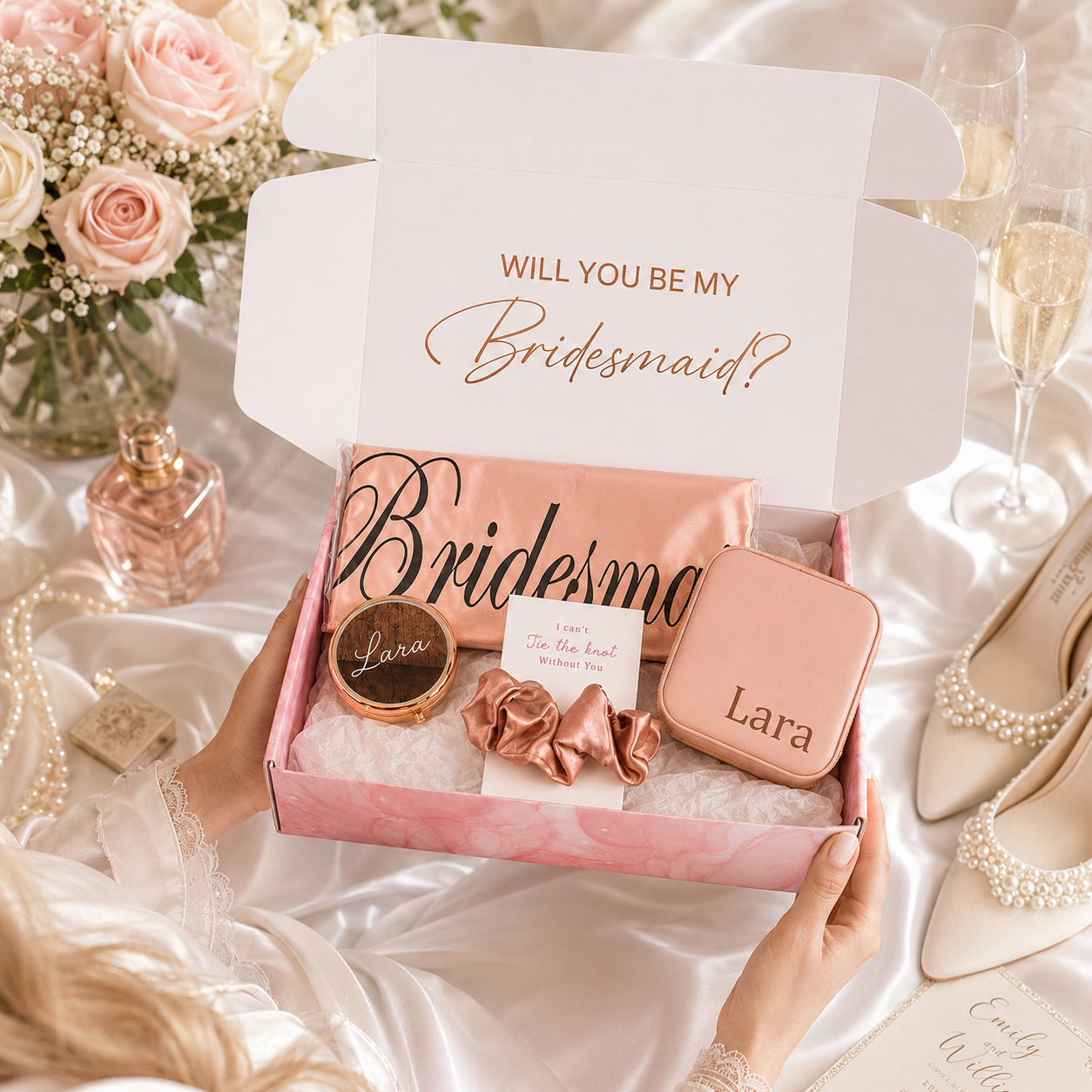 Pink box with 'Will you be my bridesmaid?' card on a romantic setting with flowers and champagne.