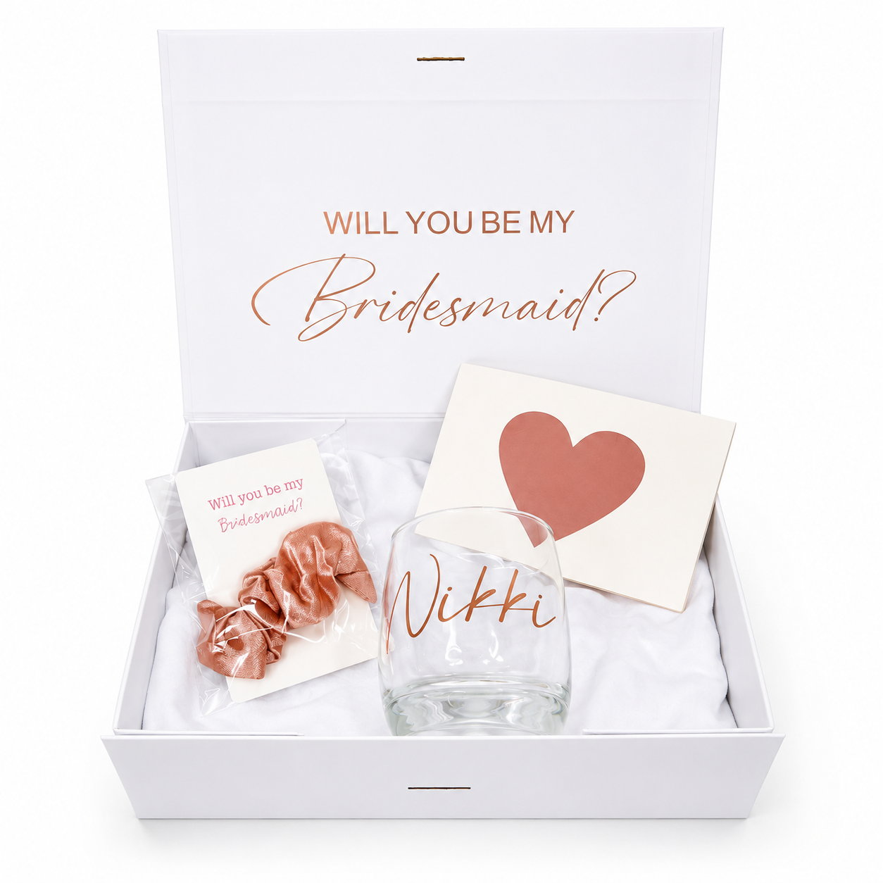Gift set with 'Will you be my bridesmaid?' card, glass, and scrunchie in a box.