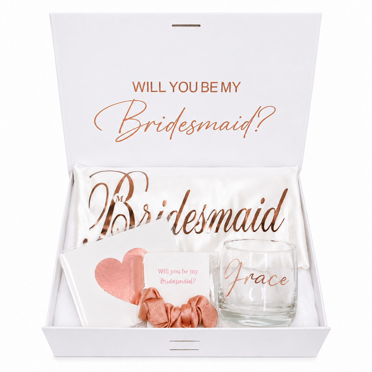 Glass with 'Will you be my Bridesmaid?' text in a gift box