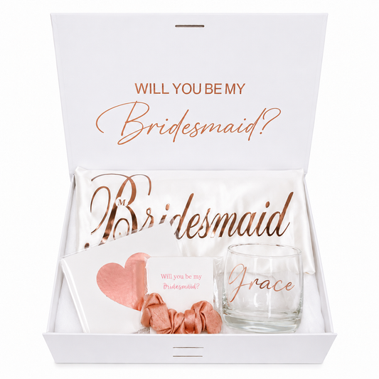 Glass with 'Will you be my Bridesmaid?' text in a gift box