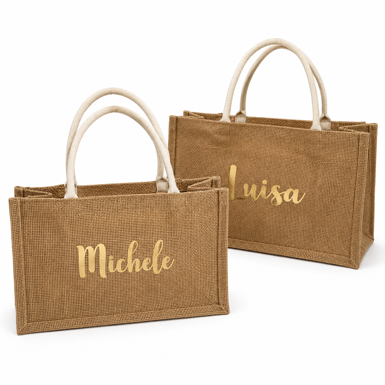 Two brown jute bags with gold names 'Michele' and 'Luisa' on a white background