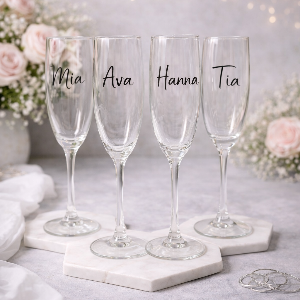 Four champagne flutes with names 'Mia', 'Ava', 'Hanna', and 'Tia' on a marble surface with flowers and lights in the background.
