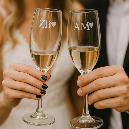 Two people holding personalized champagne glasses with 'ZB' and 'AM' initials.