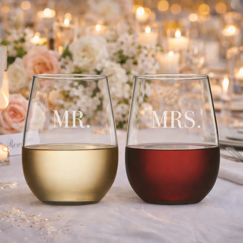 Two stemless wine glasses labeled 'MR.' and 'MRS.' on a table with a blurred floral and candle background.