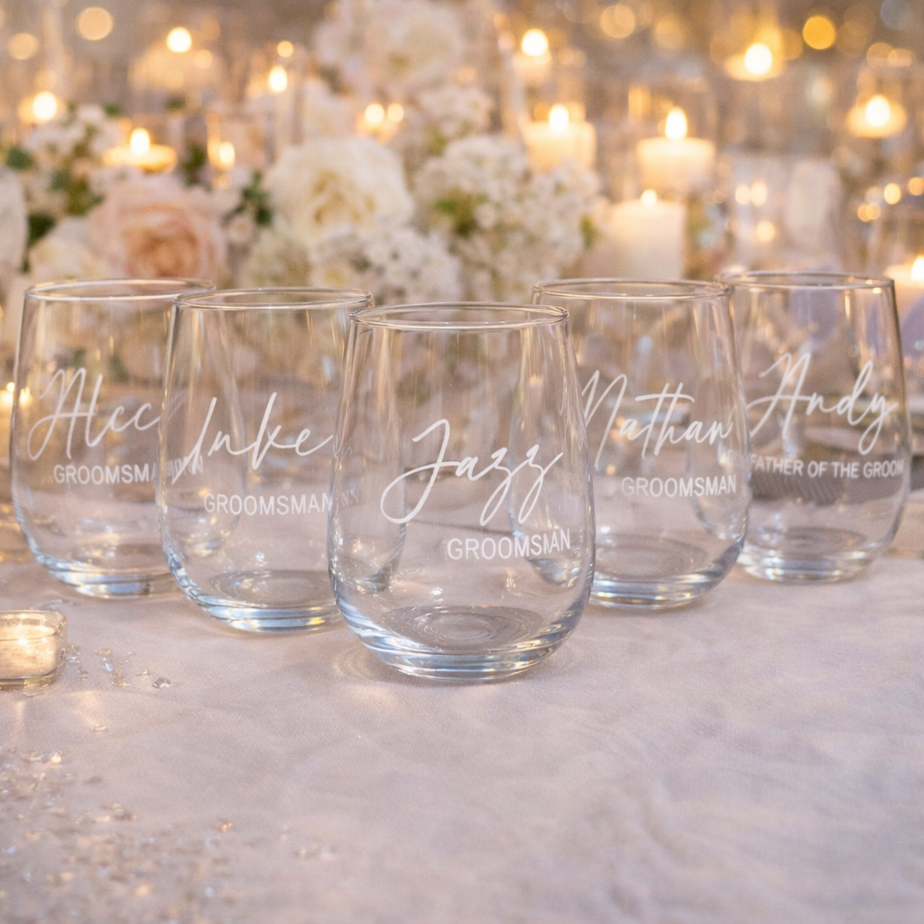 Set of personalized glass tumblers with names on a decorative background