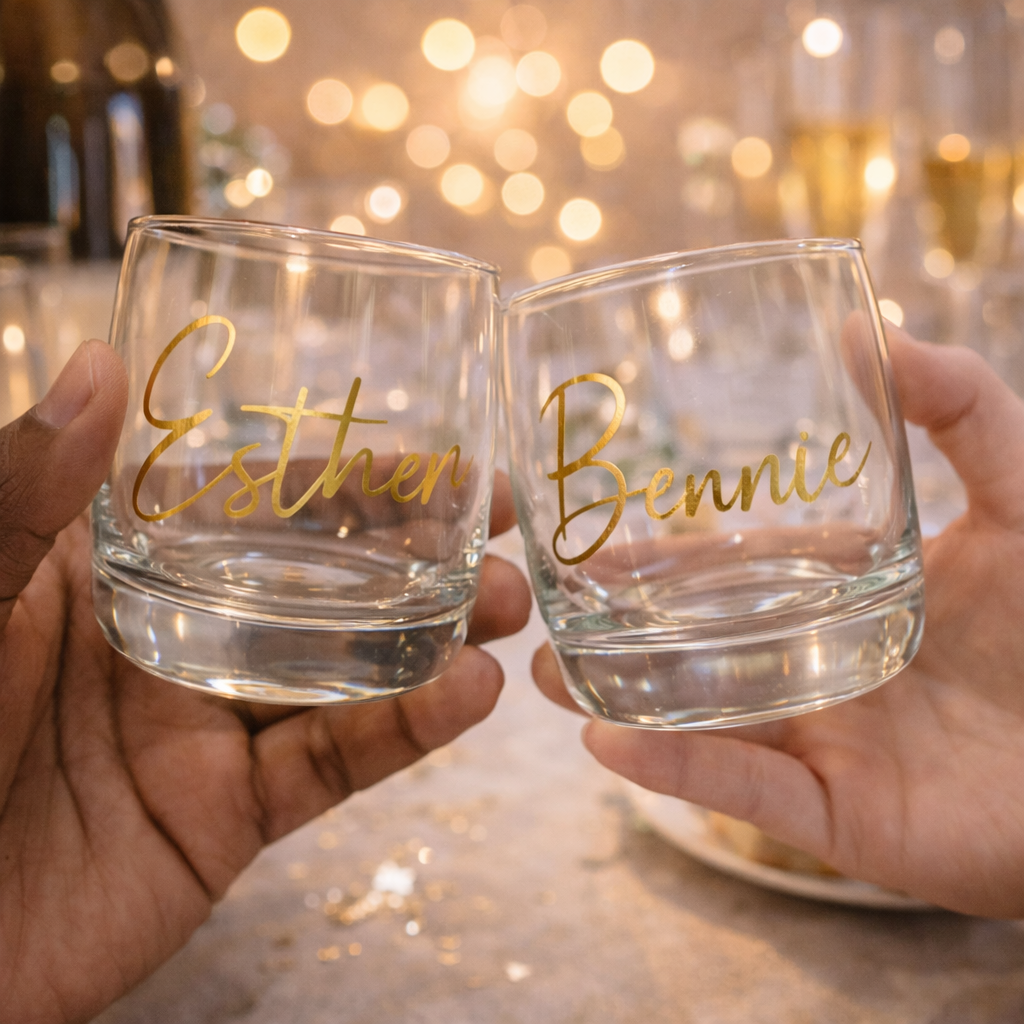 Two hands holding personalized glass tumblers with 'Esther' and 'Bennie' on a blurred background.