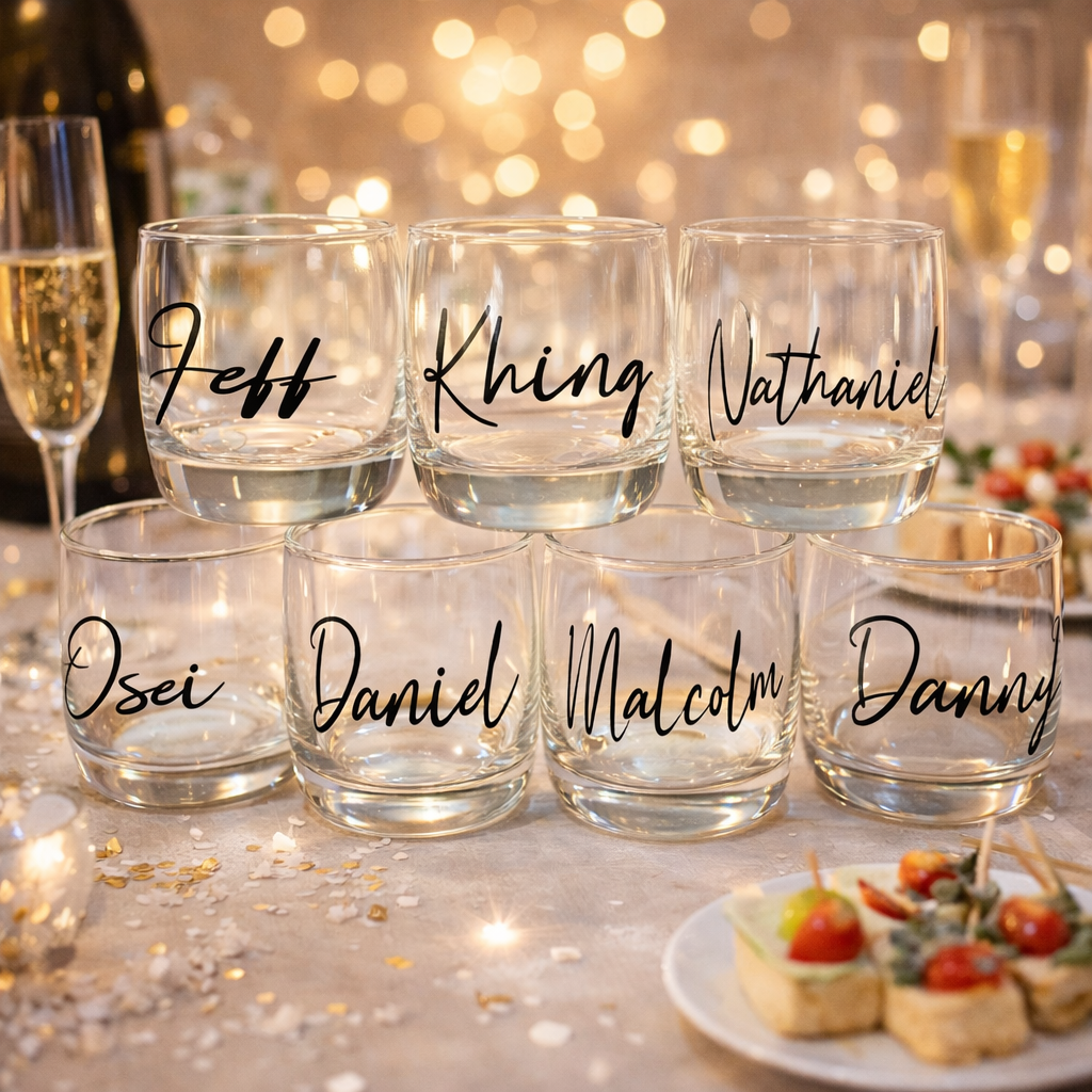 Set of personalized wine glasses with names on a festive table with candles and food.