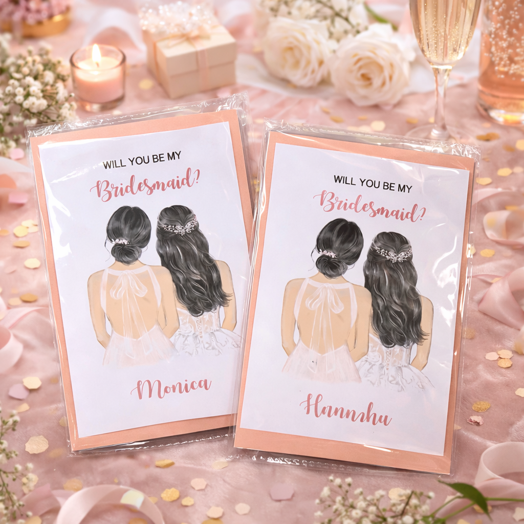 Two 'Will You Be My Bridesmaid?' cards on a decorative table with flowers and candles.